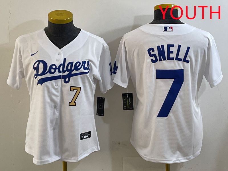 Youth Los Angeles Dodgers #7 Snell White Game 2025 Nike MLB Jersey style 7->youth mlb jersey->Youth Jersey